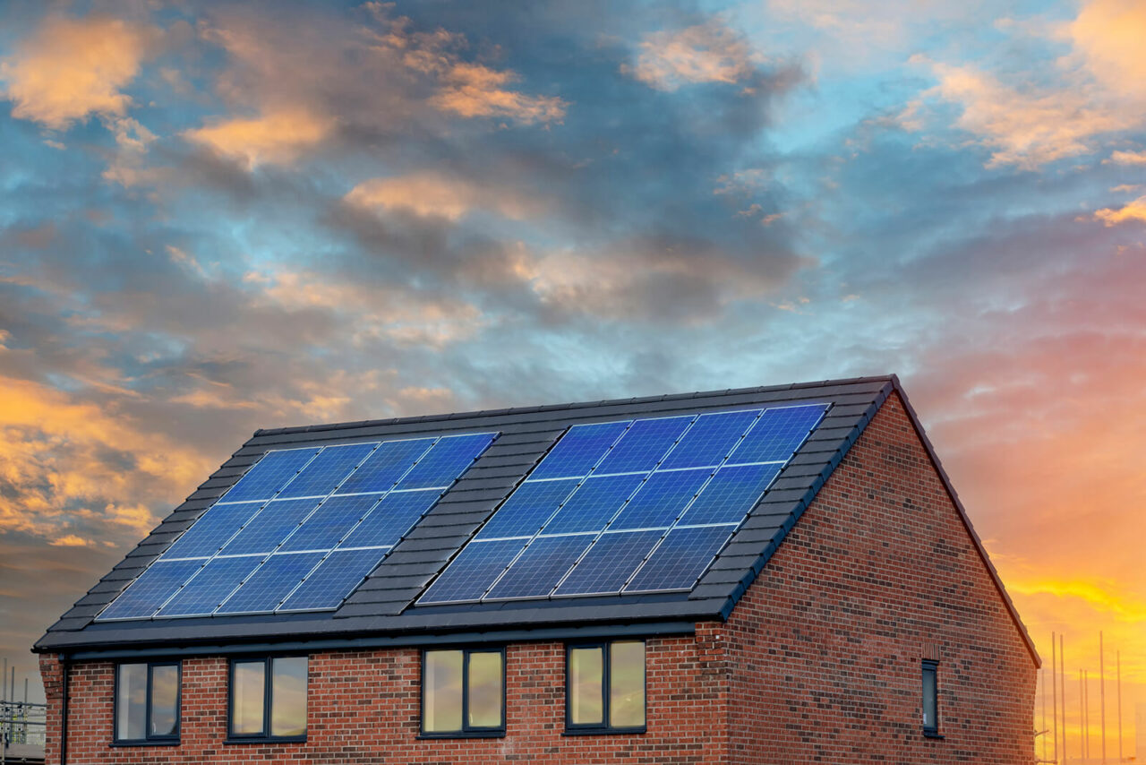 Solar panel on house at sunset