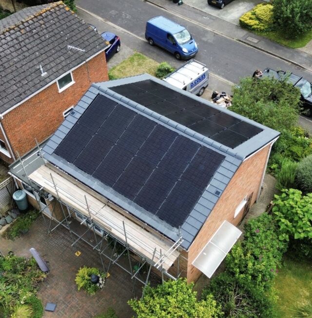 Aerial view of solar panels on roof